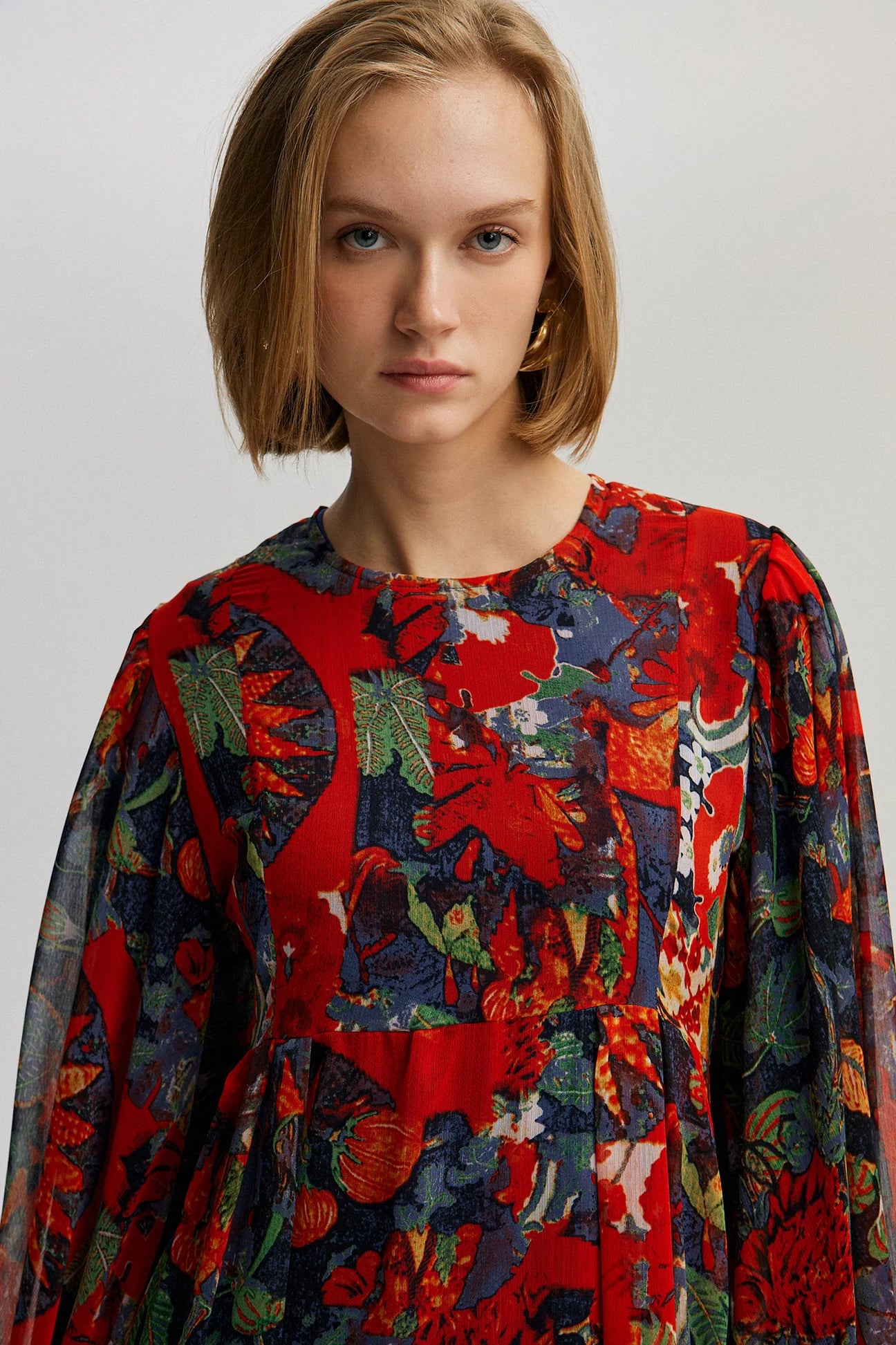 Patterned Chiffon Dress with Ruffle Detail