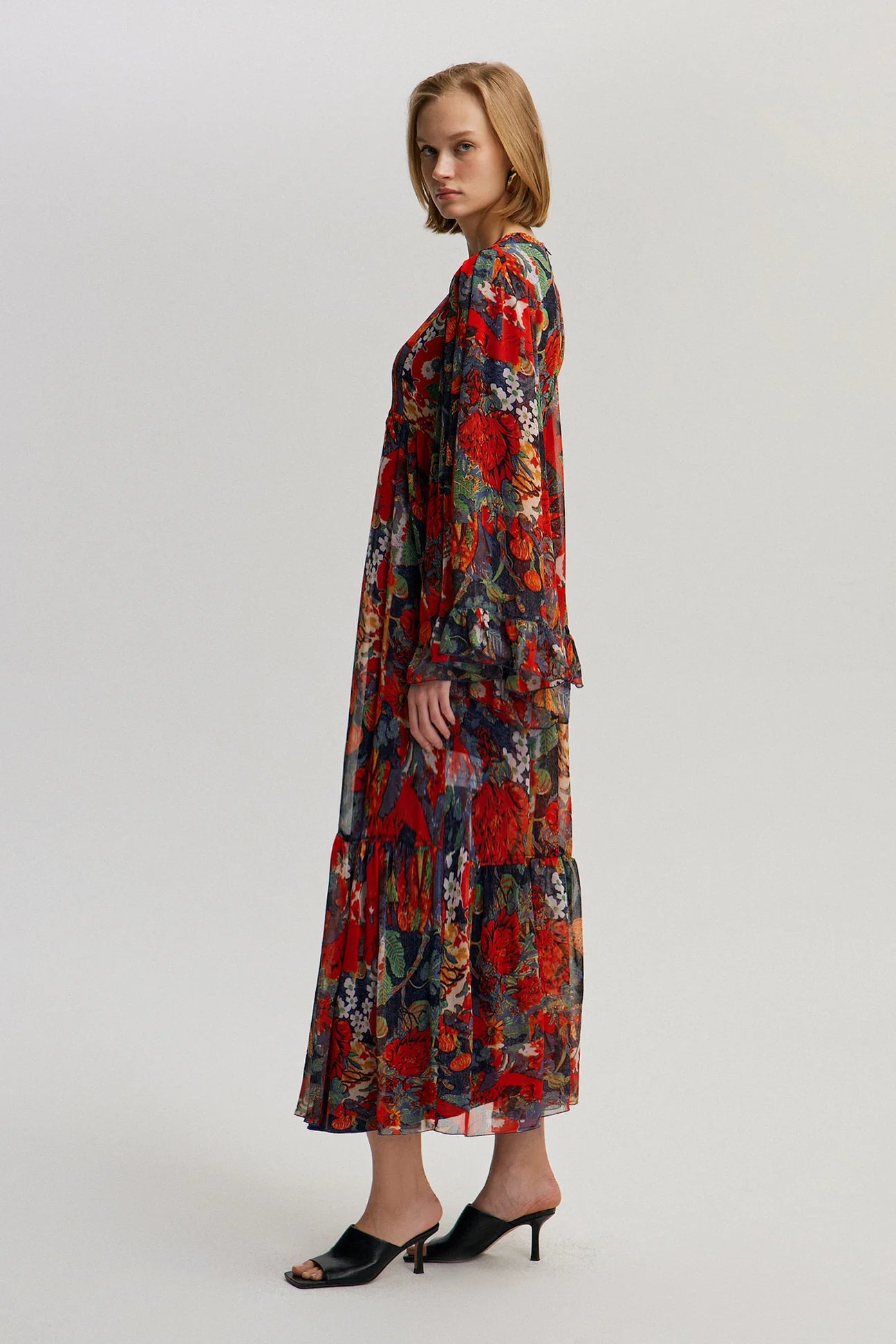 Patterned Chiffon Dress with Ruffle Detail