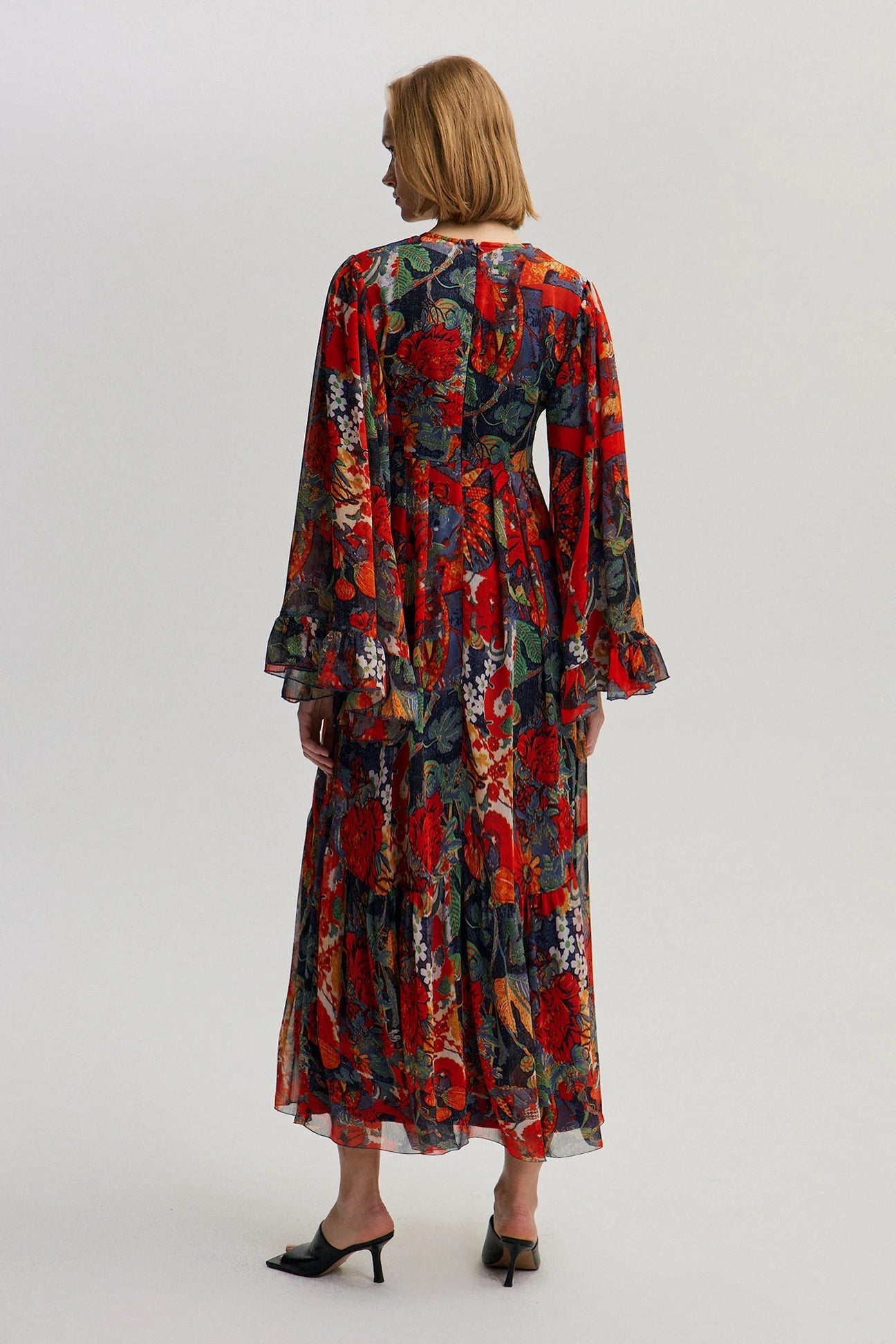 Patterned Chiffon Dress with Ruffle Detail